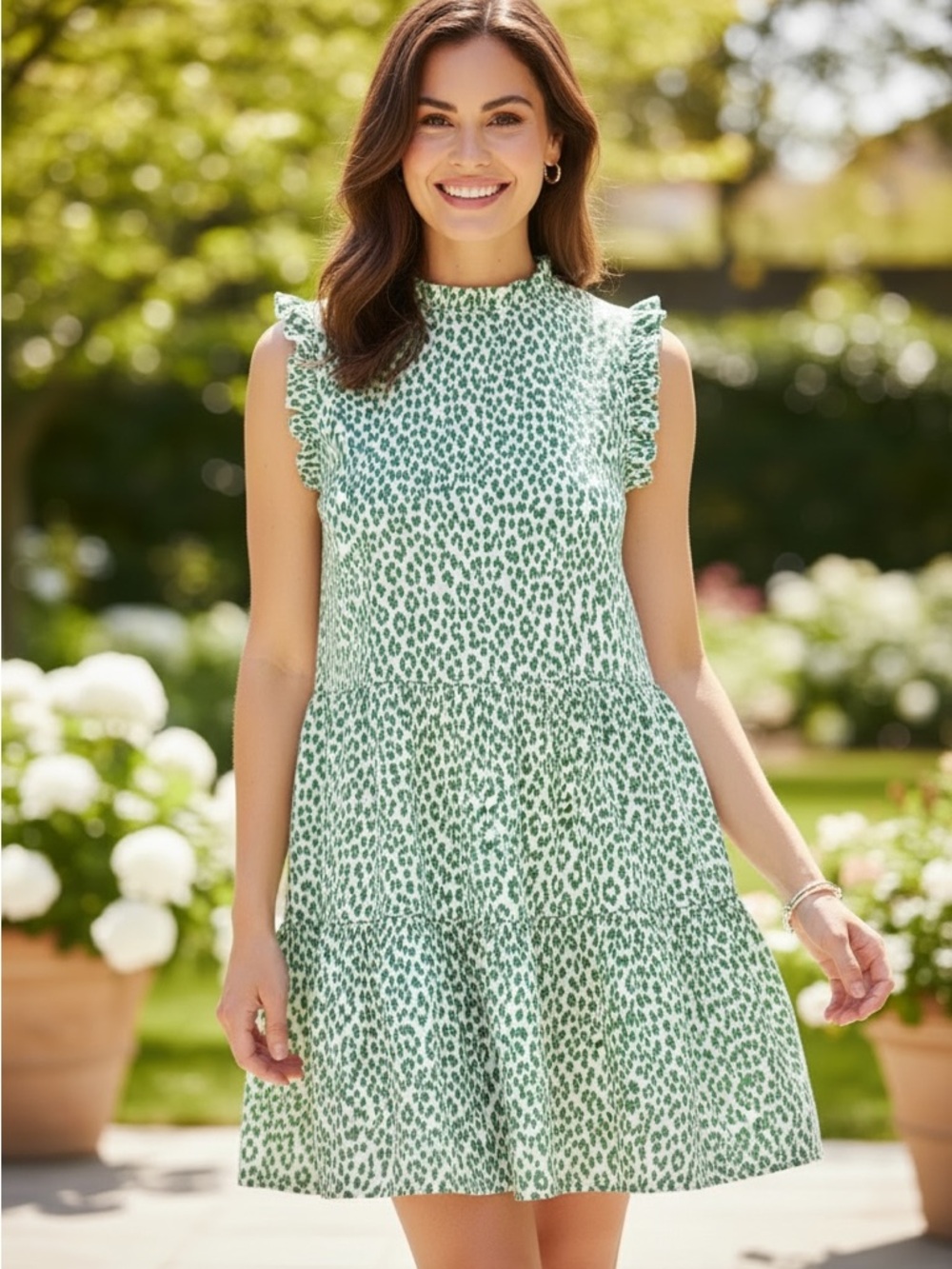 Pinch Elegant Green and White speckled print Sleeveless Dress